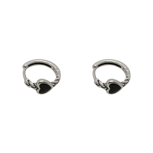 Vintage S925 silver hoop earrings featuring black heart charms and twisted rope metal design