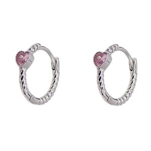 Silver heart hoop earrings with pink zircon stone and twisted rope metal texture