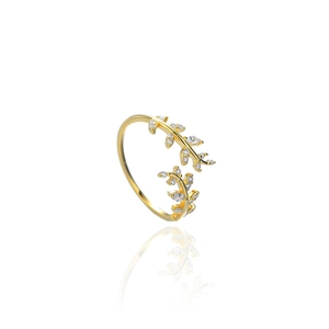 Elegant gold plated S925 silver leaf ring with sparkling cubic zirconia pavé setting