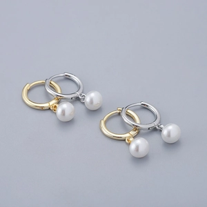 Artificial Pearl Drop Hoop Earrings With Copper Earring Post Elegant Geometric Huggie Jewelry For Women Sweet Style