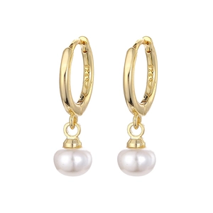 Elegant gold S925 silver hoop earrings with white round freshwater pearls on white background