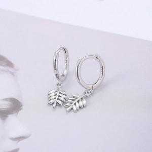 S925 sterling silver olive leaf hoop earrings with a polished finish for women