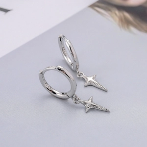 S925 sterling silver hoop earrings with delicate four-pointed star dangles for women