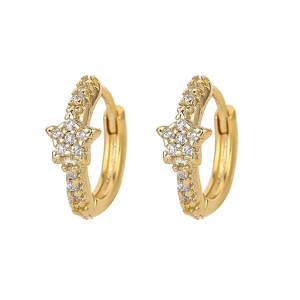 Elegant gold plated star huggie earrings with cubic zirconia stones on white background