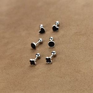 Three-piece set of silver and black heart and clover stud earrings with screw-back