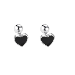 Minimalist silver heart stud earrings with black drip oil and secure screw ball back