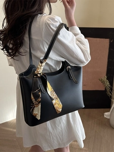 Large black matte PU leather tote bag with silk scarf detail and white stitching