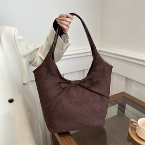 Sac Cabas Femme En Simili Cuir Mat Aspect Daim Grande Capacité Sac À Épaule Sac Sous L'aisselle Avec Noeud Décor Style Français
