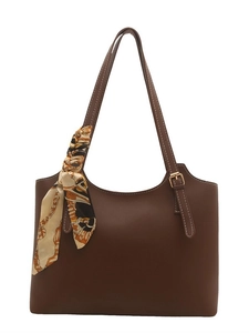 Brown faux leather tote bag for women with vintage floral scarf and gold buckle detail