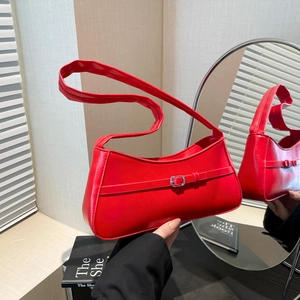 French Retro Underarm Bag For Women Large Capacity PU Leather Shoulder Bag Solid Color Simple Handbag With Silver Buckle