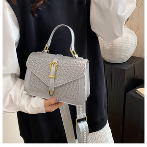 Close-up of light gray crocodile pattern leather bag with metallic buckle and wide strap