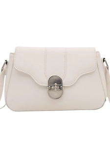 Minimalist cream white baguette shoulder bag with silver round metal buckle and flap