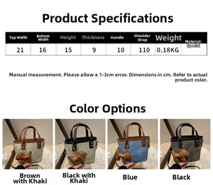 Detailed size chart and dimensions for the vintage color-block bucket crossbody bag