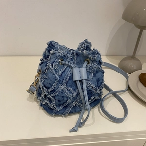 Denim Bucket Bag Diamond Quilted Frayed Edges Drawstring Crossbody Casual Retro Blue Fashion For Women