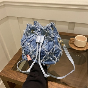 Women's Trendy Canvas Bucket Bag Fringed Diamond Grid Design Crossbody Shoulder Bag Casual Fashion Handbag