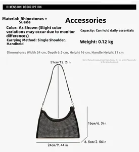Größentabelle für Strass-Achseltasche mit Maßen und Details zum Wildleder-Material