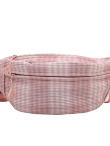 Pink corduroy checkered fanny pack with double zippers and triangle puller design