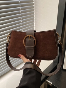 Vintage Matte Wildleder Spleiß PU Leder Achseltasche Für Damen Große Metallschnalle Retro Kleine Umhängetasche Baguette Handtasche
