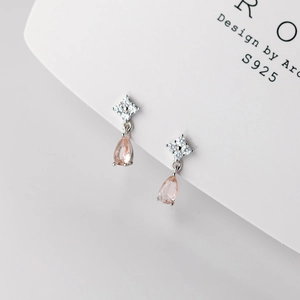 S925 silver stud earrings featuring a teardrop pink zircon stone and sparkling accents