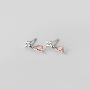 Close-up of pear-cut pink champagne zircon drop earrings with S925 silver studs