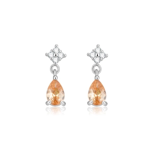 Elegant orange teardrop zircon drop earrings with silver finish on white background