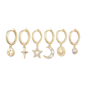 6-piece gold 18K plated star moon zircon hoop earrings set for women in minimalist style