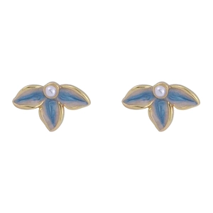 French blue enamel flower earrings with pearls and gold plating for women