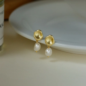 French S925 silver pearl drop earrings with matte gold discs and baroque pearls
