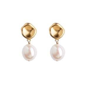 French vintage S925 silver pearl drop earrings with gold irregular textured metal discs