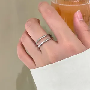 Double-layered silver zircon open ring featuring a metal bead chain and minimalist design