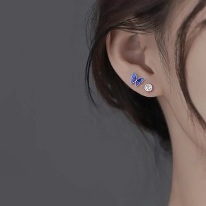 Elegant S925 silver blue butterfly and round zircon stud earrings set for women
