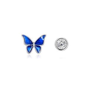 Asymmetric S925 silver stud earrings featuring a blue butterfly and a clear zircon stud