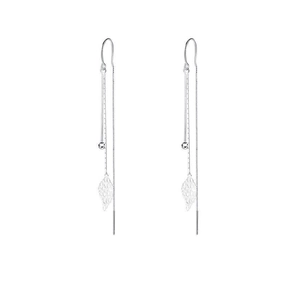 Detail shot of elegant S925 sterling silver leaf tassel earrings on white background