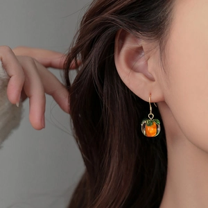 S925 silver persimmon drop earrings with orange crystal and green leaf accents