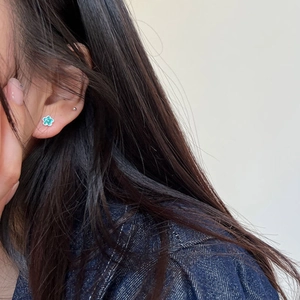 Minimalist light blue enamel flower earrings for women with elegant silver stud detailing