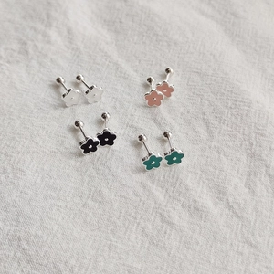 Minimalist enamel flower stud earrings in white, pink, black, and green S925 silver