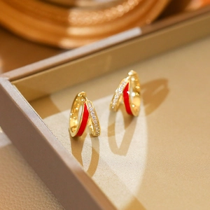 Fashionable gold-plated double hoop earrings with red enamel and pavé crystals