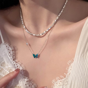 Butterfly Pendant Necklace Double Layer Color Changing Temperature Sensitive Copper Silver Plated Rhinestone For Women
