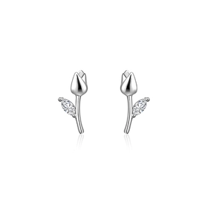 Elegant S925 silver tulip earrings with marquise-cut zircon accents on white background