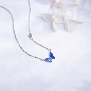 S925 silver butterfly necklace with blue gradient enamel and a sparkling zircon stone