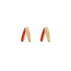 Elegant gold V-shaped cross earrings with red enamel and pavé zircon stones