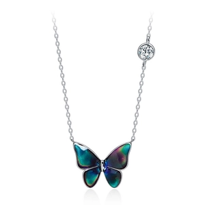 S925 sterling silver butterfly pendant necklace with iridescent gradient color wings