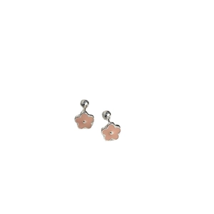 Pink enamel flower stud earrings with secure silver screw-back closures for women