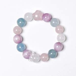 Multicolor gemstone bracelet with pastel kunzite, aquamarine beads and pink star charm
