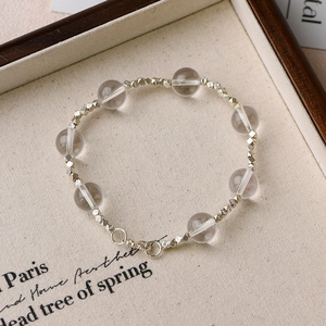 Natural 10mm white crystal beaded bracelet with S926 silver accents and adjustable clasp