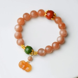 Natural Sunstone Beaded Bracelet With Red Rabbit Hair Agate Bat Pumpkin Charm Retro Polished Jewelry Birthday Gift For Women