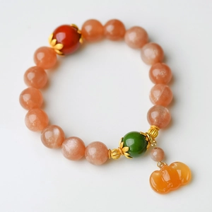 Natural 11mm Sunstone beaded bracelet with Red Rabbit Hair and Ruyi pendant charm