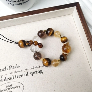 Citrine, Tiger Eye, and Clear Quartz beaded phone charm with gold-toned accents
