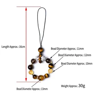 Tiger eye and clear crystal beaded phone strap with metal spacers, 16cm length