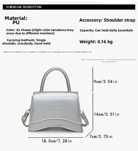 Tableau des tailles détaillé pour le sac bandoulière en cuir PU argenté avec mesures